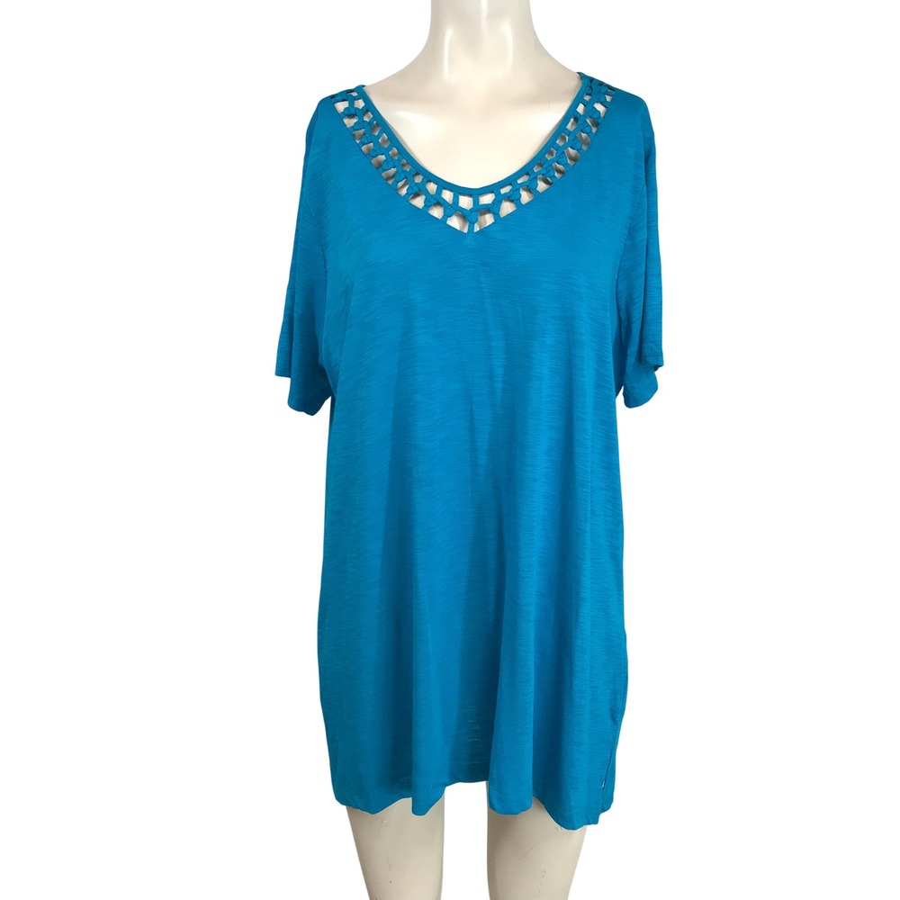 Avenue Women Teal Blue Lattice V-Neck Short Sleeve Slub Knit Tunic Top 14/16 NEW